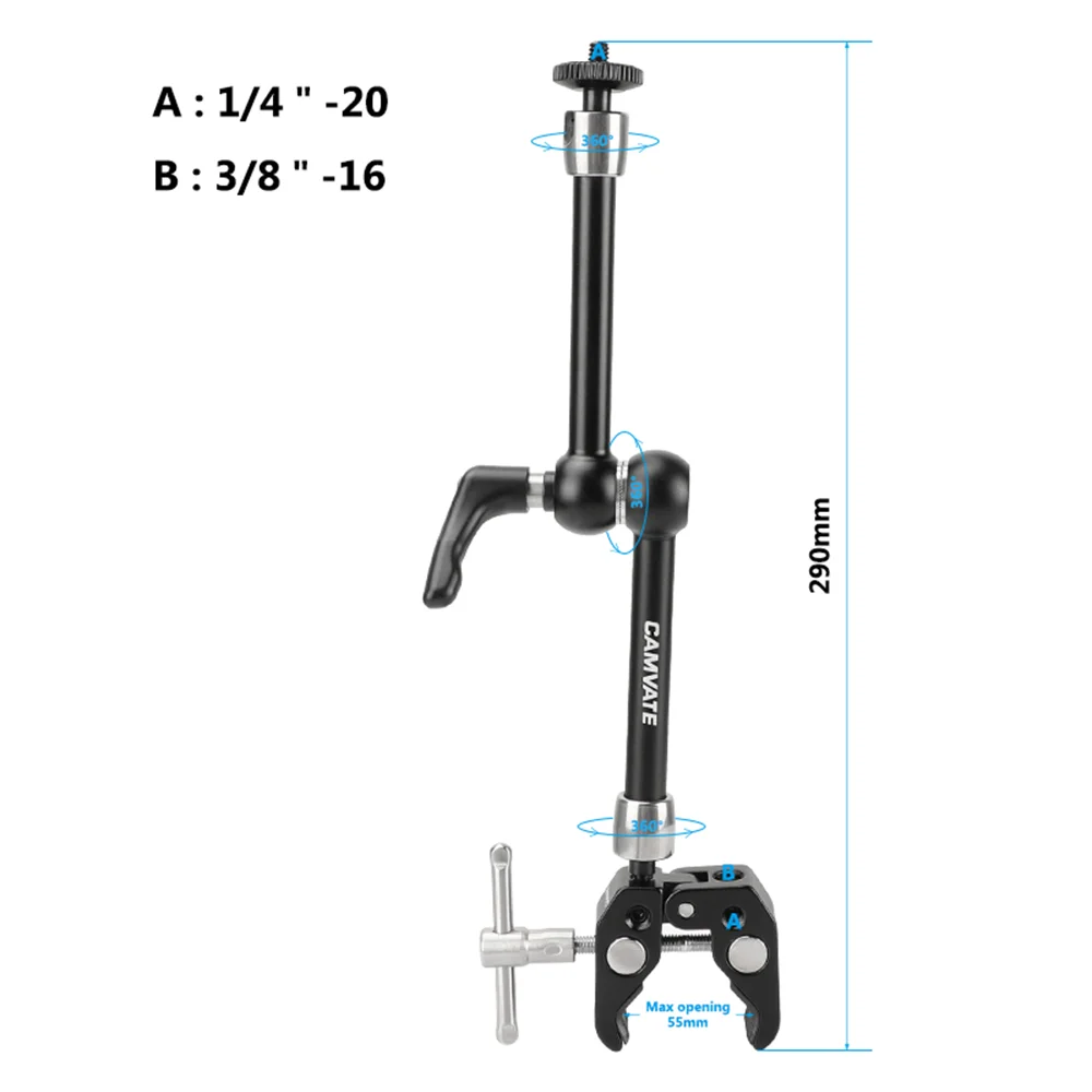 Articulating Magic Arm + Super Crab Clamp With 360° Swivel Ball Head & 1/4" Conn