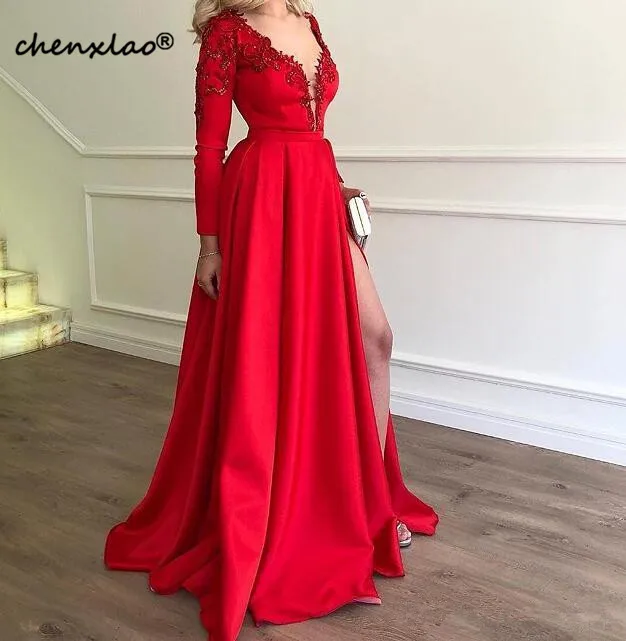 

Long Sleeve Red evening Dress 2019 Deep V Neck Sexy Applique Beaded Side Slit Evening gown Party gowns prom dresses