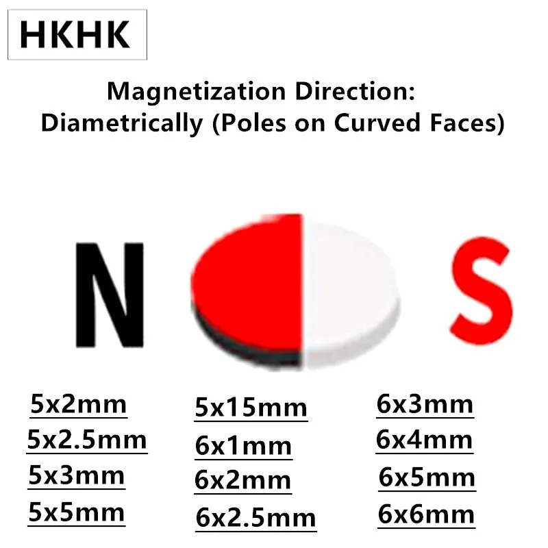 Ímã de Ndfeb Magnético Salão 5×2 5×2.5 5×3 5×5 5×15 6×1 6×2 6×2.5 6×3 6×4 6×5 6×6 mm Diametralmente Magnetizado N45h