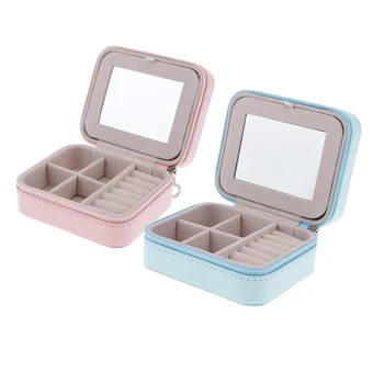

Portable Leather Travel Earrings Double-faced Jewelry Box Cases with Mirror