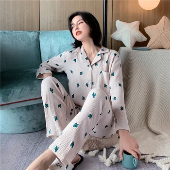 

Cotton Print Young Lady Pajamas Set Sexy White Long Sleeve Nightwear Home Wear Soft Spring Autumn Sleep Set With Buttons&Pocket