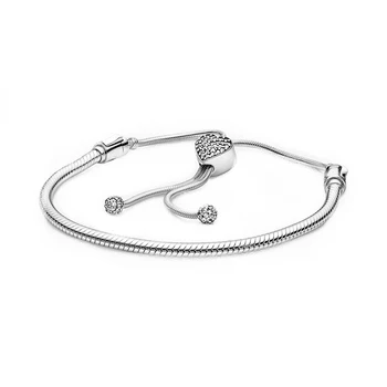 

Slider Bracelet 100% 925 Sterling Silver Moments Pave Heart Clasp Snake Chain Slider Bracelet Fit Original Charms Diy Jewelry