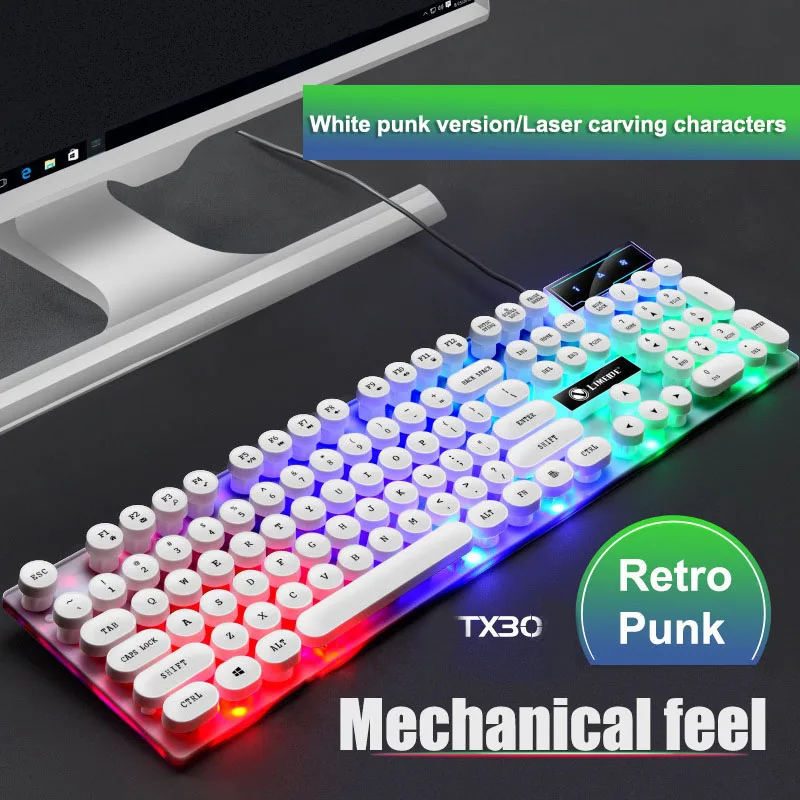 Teclado mecánico Punk con cable para videojuegos, periférico Retro retroiluminado con botón flotante, color blanco y negro, para PC y portátil, 104 teclas - Imagen 3