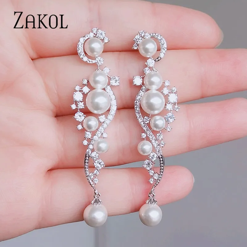 Женские винтажные жемчужные серьги ZAKOL роскошные длинные с фианитом для