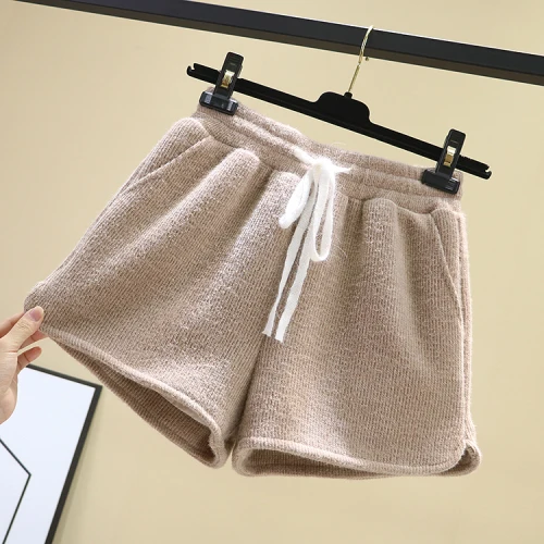 Khaki Норковый кашемировый вязаный кардиган женский шорты осень-зима подходит ко всему уличная одежда широкие Шорты повседневные женские ботинки шорты - Цвет: Khaki