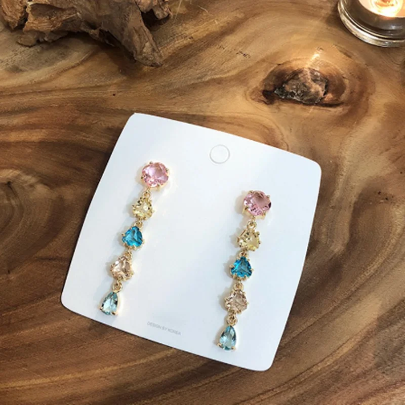 

New Korean Colorful Shiny Crystal Long Drop Earrings For Women Elegant Mujer Moda Party Pendientes Jewelry Gifts