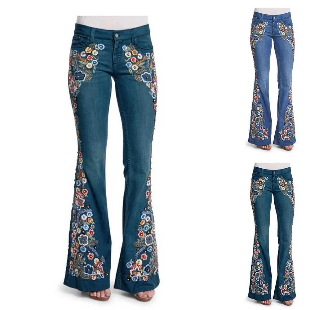 Oeak Para Mujer Chic Floral Bordado Alto Rise Bell Bottom Flare