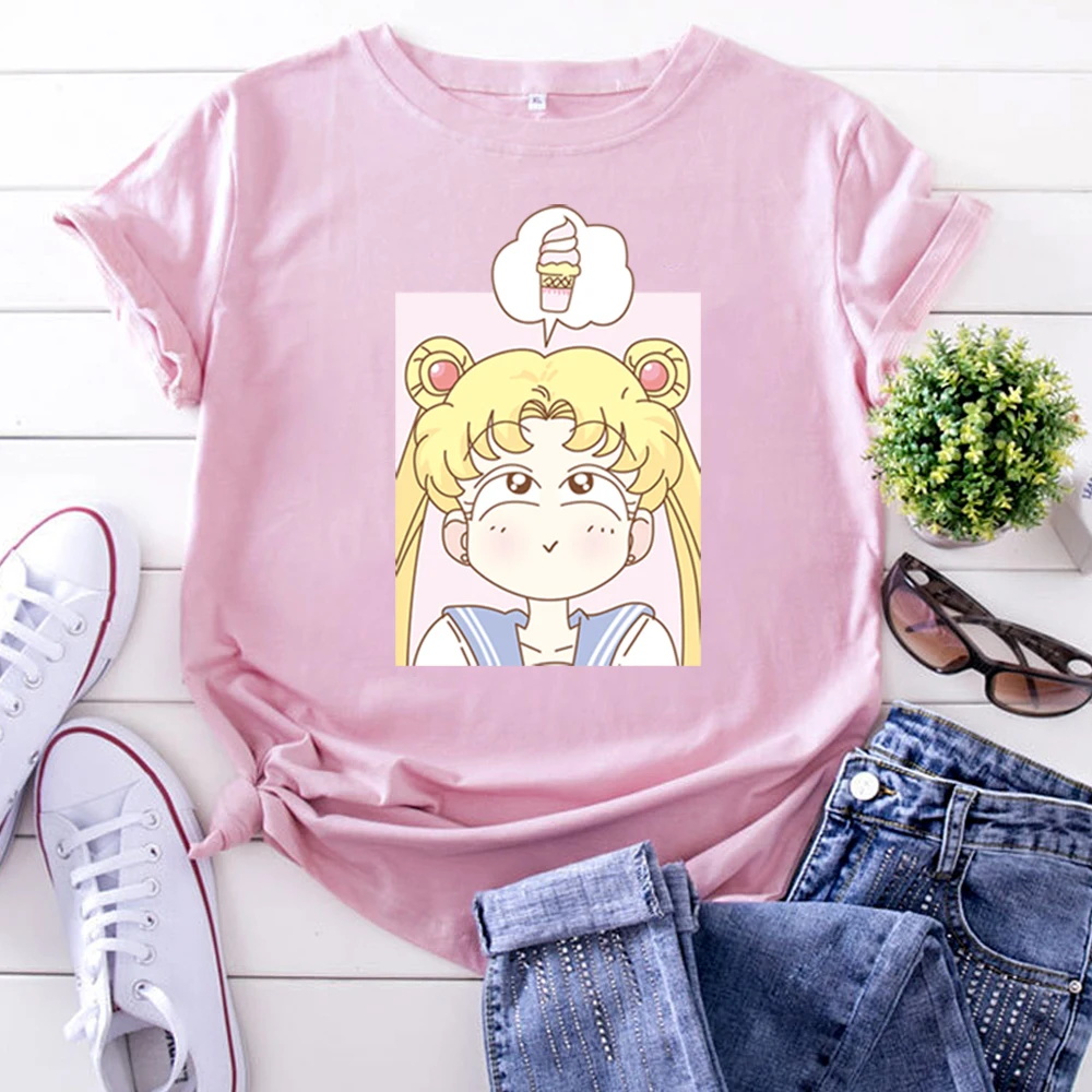 

T-Shirts Sailor Moon Thinking Of Ice Cream Short Sleeve Top Hip Hop Harajuku Women Tshirt Solid Color Fashion T Shirts Woman