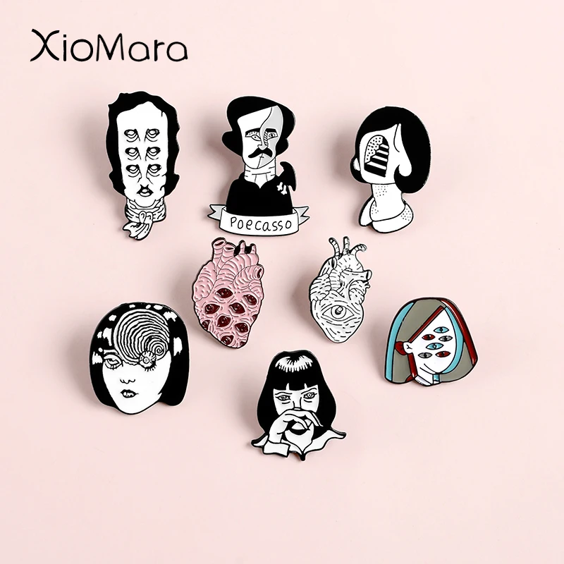 

Abstractionism Picasso Figure Enamel Pins Black White Minimalist Jewelry Multiple Eyes Anatomical Heart Enamel Brooches Pins