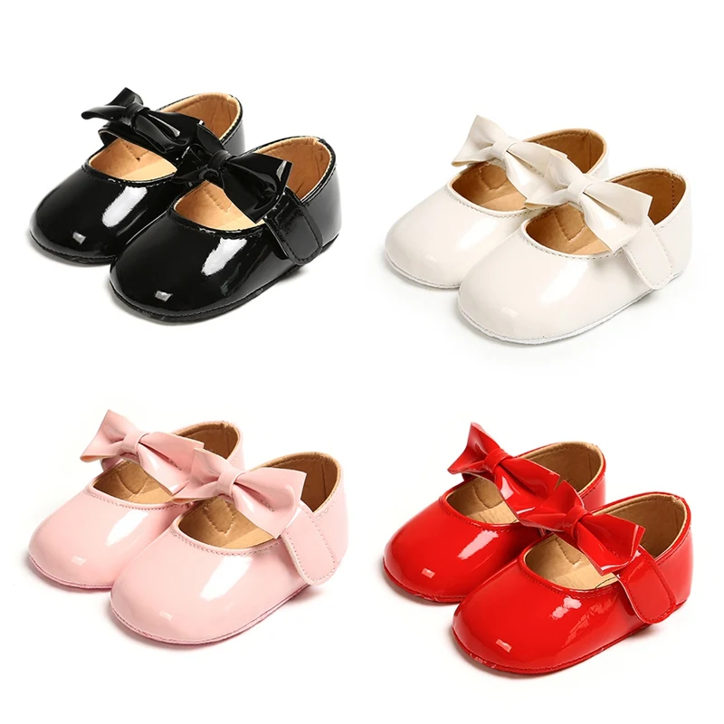 Детские мокасины для первых шагов; однотонные вечерние туфли с бантом для малышей; обувь для девочек; обувь для новорожденных из искусственной кожи; цвет белый, розовый, красный; Возраст 0-18 месяцев