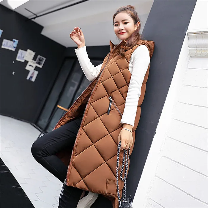 caramel Colour Осенне-зимний модный жилет женский средней длины толстый тонкий пуховик хлопковый жилет большой размер с капюшоном без рукавов Жакет женский JIU078 - Цвет: caramel Colour