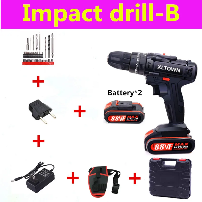 Impact drill XLTOWN 21 в Ударная дрель многофункциональная электрическая отвертка Бытовая Аккумуляторная дрель литиевая батарея Электроинструмент ручная дрель - Цвет: Impact drill