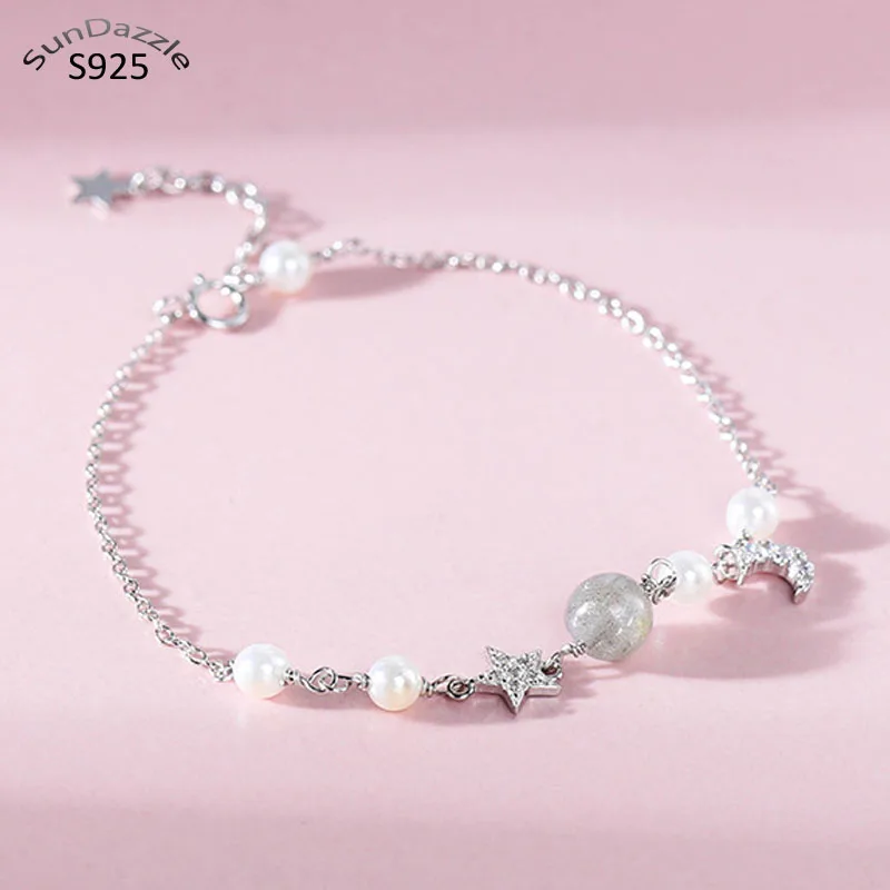 Браслеты из настоящего чистого серебра 925 пробы, браслеты для женщин, браслеты с Луной, звездой, кристаллами, жемчугом, ювелирные изделия, браслет на руку