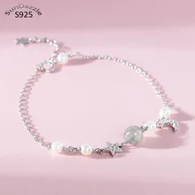 Браслеты из настоящего чистого серебра 925 пробы, браслеты для женщин, браслеты с Луной, звездой, кристаллами, жемчугом, ювелирные изделия, браслет на руку