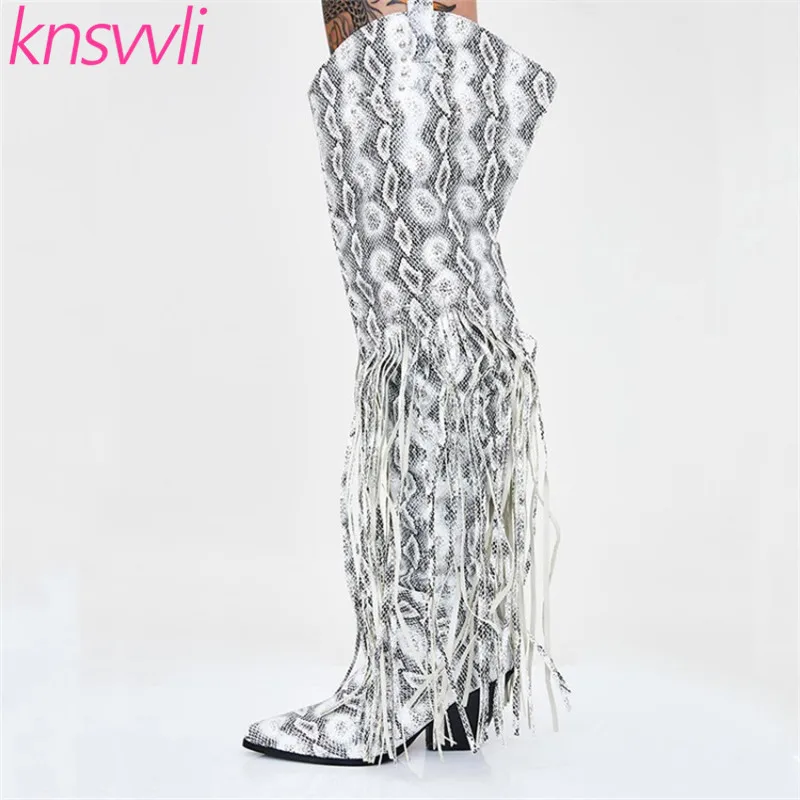 

Knsvvli New Runway Chunky High Heels Punk Over The Knee Boots Fringe Snake Pattern Point Toe Wedge Heel Rivets Motorcycle Boots