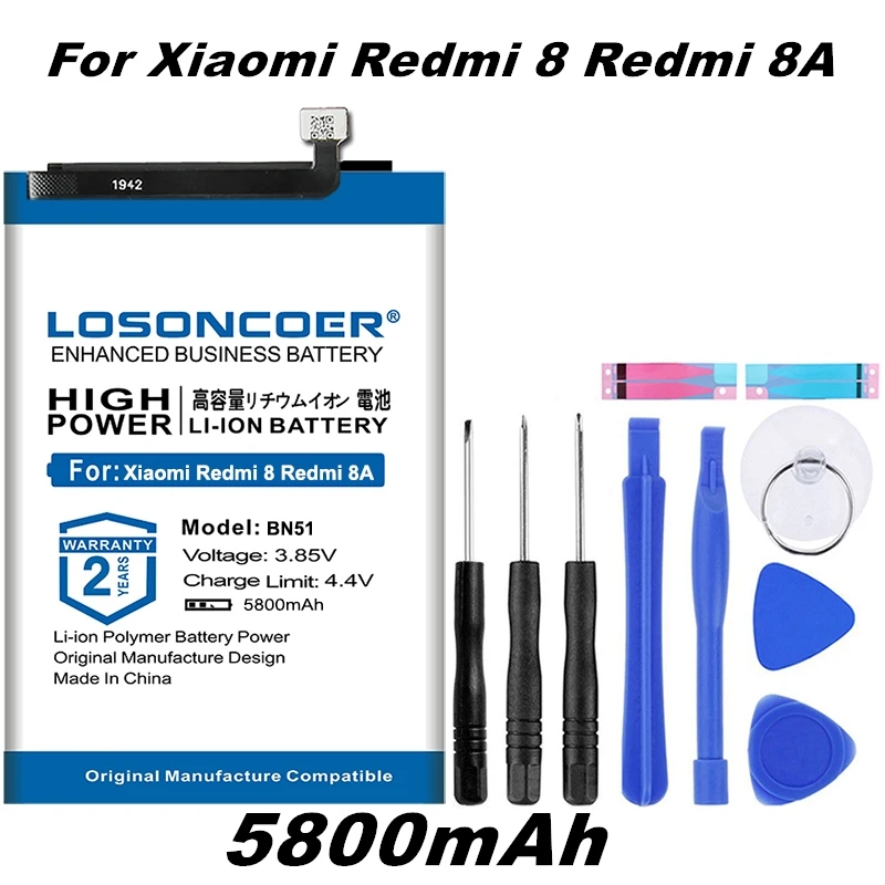 Аккумулятор LOSONCOER BN51 5800 мач для Xiaomi Redmi 8 Redmi 8A Redmi8 Redmi8A, батареи для мобильного телефона, бесплатные инструменты, подставка, держатель, наклейки