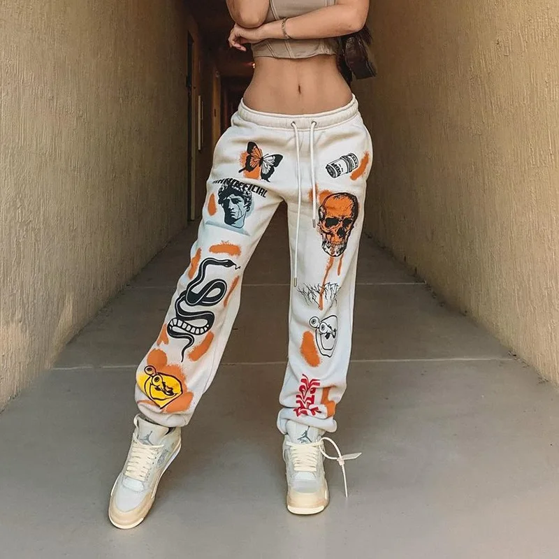 Women Sweat Pant Harajuku Cartoon Printed Trousers Jogger 2021 Drawstring Cargo Pant Streetwear Casual Sweatpant Autumn