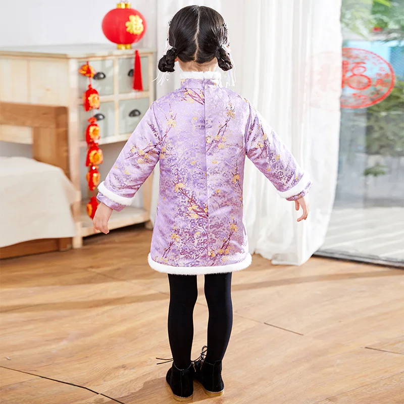 New Children Girls Cheongsam Chinese Style Long Sleeve New Year Flower Embroidery Dress Thick Winter Girls Warm Dress 2-12Y