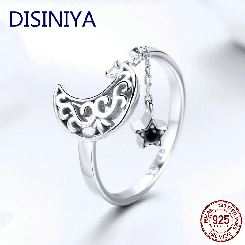 DISINIYA, подлинное 925 пробы, серебряная Луна и звезда, длинная цепочка, звезда, регулируемое кольцо на палец для женщин, ювелирные изделия из стерлингового серебра