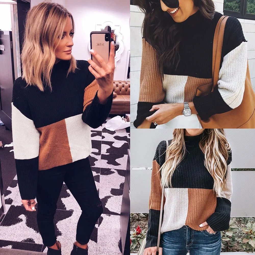 Jaycosin Women Colorblock Stand Long Sleeve Knitted Sweater Coat Autumn Long Sleeve Elegant Casual Stylish Top Blouse 