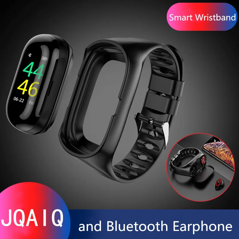JQAIQ беспроводные Bluetooth наушники и умный браслет с монитором сердечного ритма стерео наушники долгое время ожидания Спорт Смарт-браслет