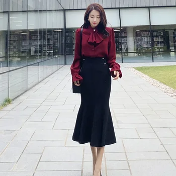 

New 2 piece Set women 2019 autumn winter Korean Elegant Slim Flare sleeve Bow Shirt + wrapped hip skirt fashion skirt suits