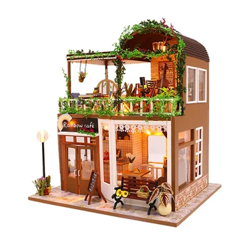 

NFSTRIKE DIY Creative Handmade Theme Wooden Cabin Assembly Building Model Toy Set with Light and Music - Rainbow Cafe