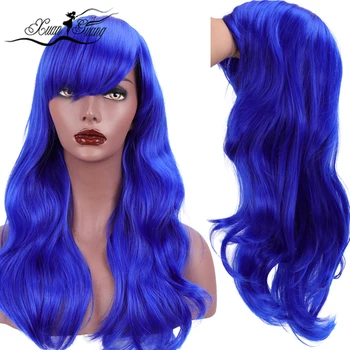 

XUANGUANG Long Blue Wig Wavy Synthetic Wigs for Black Women with Bangs Side Part Heat Resistant Wig Cosplay Wig