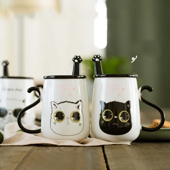 

Creative Korean Cat Couple With Lid Holding Ceramic Tea Cup Personality Cartoon Cute With Spoon Home Office Milk Mug Coffee Cup