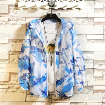 

2020 Men Sunscreen Beach Jackets Women Summer Ultra-thin Breathable Student Hooded Outdoors Suit Men Printed Sun Protection Coat