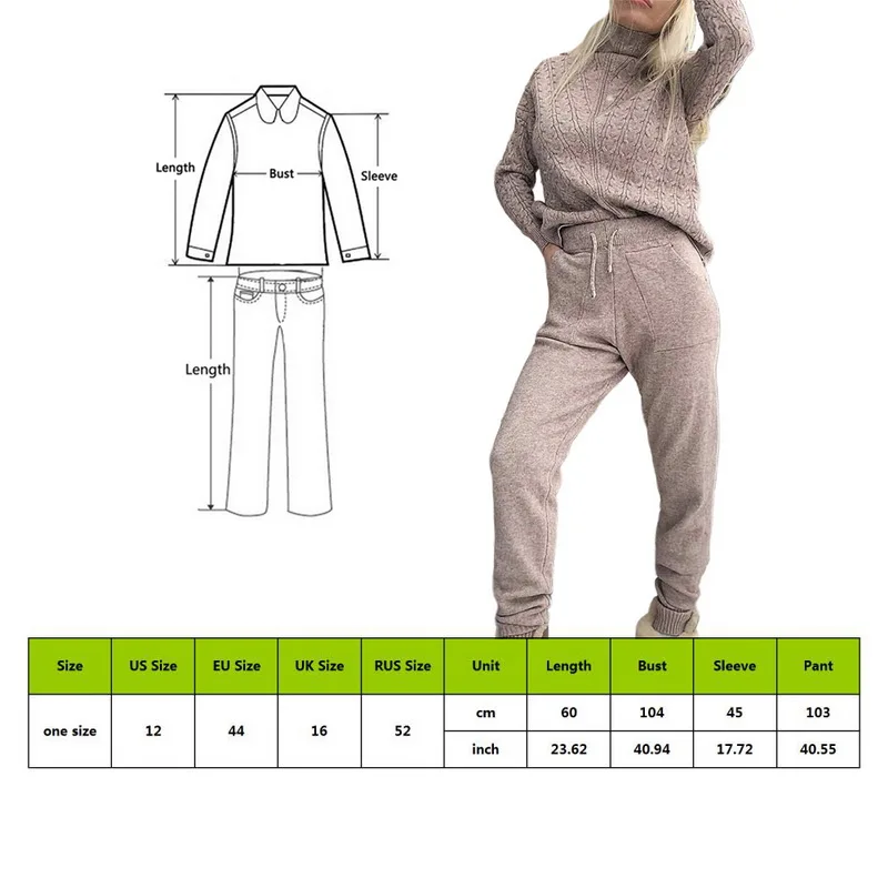 2 Pieces Woman Knitted Suits Wool Warm Sports Sets Ladies Turtleneck Sweater+Pants Casual Autumn Winter Slim Tracksuits New