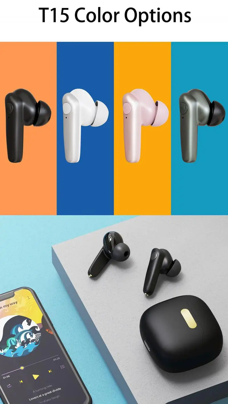 Mr NEW TWS T15, Спортивная Bluetooth V5.0, Denoise Reduction, беспроводная bluetooth-гарнитура, умный голос, для iPhone, huawei, игровая, прочная