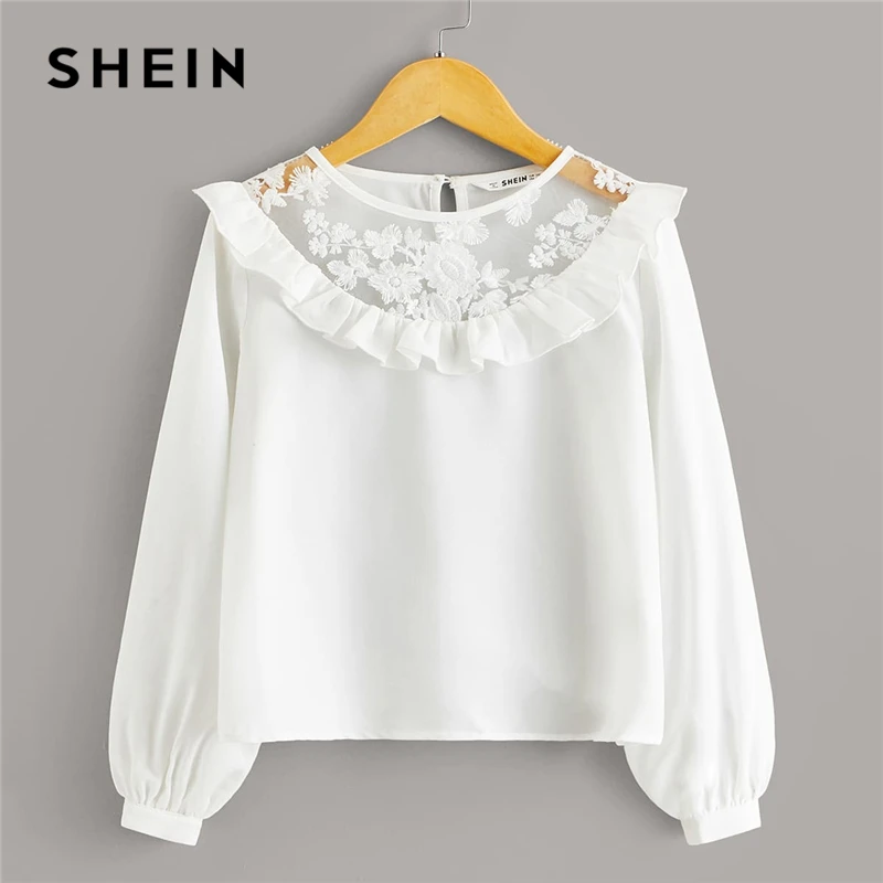 

SHEIN Kiddie White Solid Ruffle Trim Embroidered Girls Cute Blouse Kids Tops 2020 Spring Contrast Mesh Bishop Sleeve Blouses