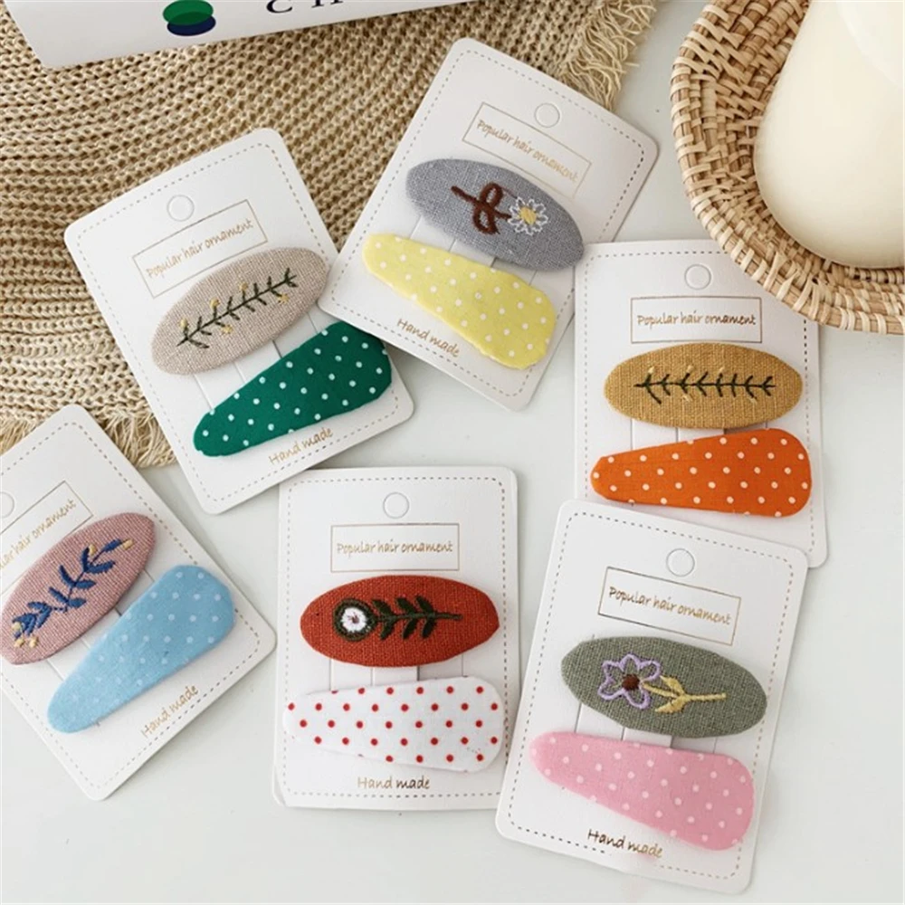 New 2Pcs/Set Korean Style Cloth Hair Clips Cute Flower Printed Water Drop Rectangle BB Clip Hairpins Women Girls Snap Barrette