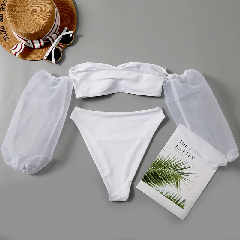 Peachtan прозрачный swmwear женский купальный бандо Бикини Набор Высокая талия купальный костюм сексуальный с открытыми плечами Купальник женский