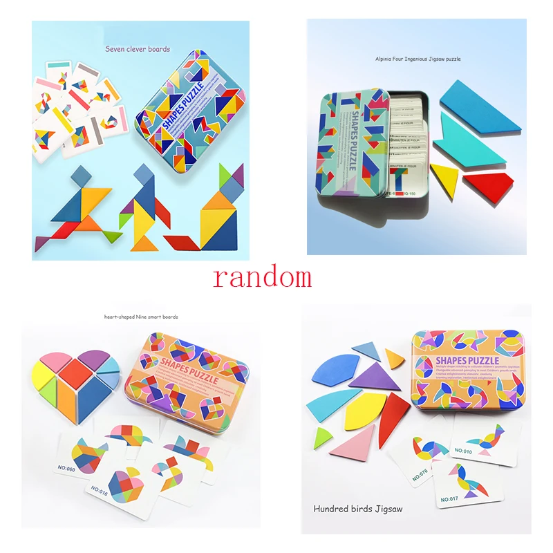 Детская деревянная головоломка Tangram, обучающая головоломка, познавательная головоломка, игрушки, вызов вашему IQ набору, обучающая игрушка с карточками - Цвет: random