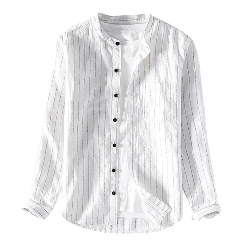 

Autumn 2019 new cotton and linen leisure stripe long sleeve Linen Shirts Men's Mock Neck slim linen shirt 9301