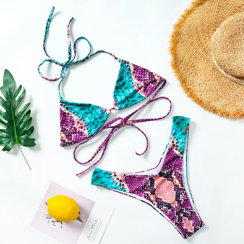 

2020 Snake Skin Bikini Swimwear Women Triangle Bikini set Swimming Suit Backless Bathing Suit Halter Female Beachwear C15