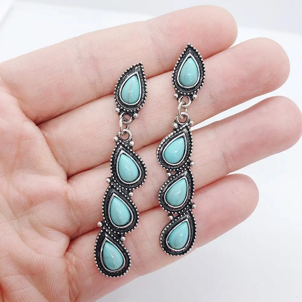 Women Faux Turquoise Inlaid Water Drop Dangle Long Ear Stud Earrings Jewelry | Украшения и аксессуары