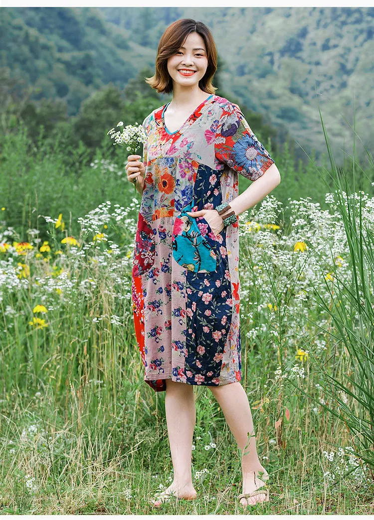 National Wind WOMEN'S Dress zhi pai Manufacturers Direct Selling Dress Summer Pure Cotton Printed Joint Pullover Dress Mid-lengt