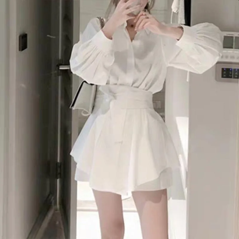 

Women White Long Shirts Shorts Two Piece Sets Lantern Sleeve Belt Blouse + Mini Pant Suits 2019 Summer Fashion OL Clothing Set