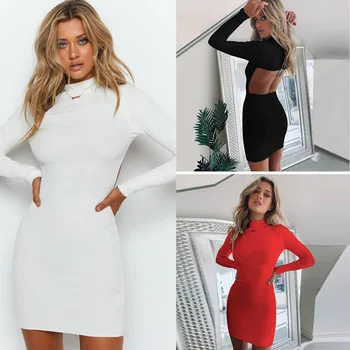 

Women Dress Autumn And Winter Sexy Turtleneck Dresses Bag Hip Long-Sleeved High Neck Open Back Party Dress Fashion Elegant Dress