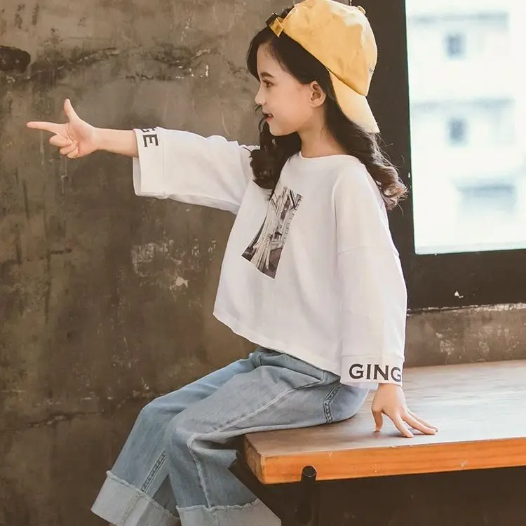 

Girls Autumn Ninth Sleeve Fashionable Set Cowboy Loose Pants Western Style Two-Piece Set Big Boy Western Style Loose-Fit Fashion
