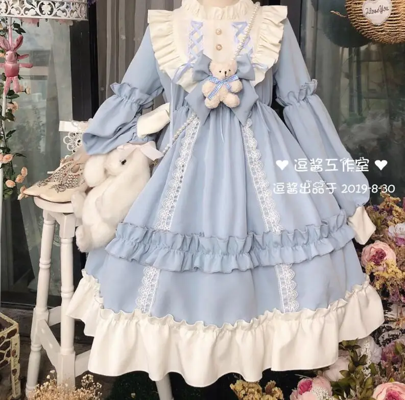 op Dress Only Французский сладкий Лолита Kawaii плюшевый медведь кукла платье ретро женские с длинным рукавом воланом принцесса с пышными рукавами ОП платье осень - Цвет: op Dress Only