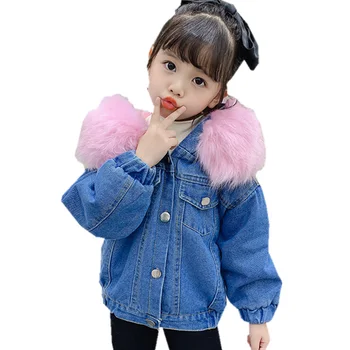 

Toddler Denim Jacket Warm Real Fur Hood Collar Coat for Girls Clothes 2020 Winter Outerwear Thick Infant Clothing Parka 2-7Years