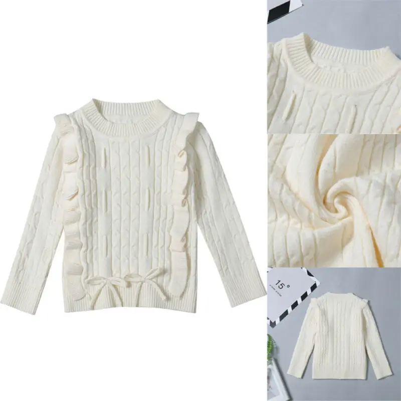 Baby Girl Ruffle White Knitted Sweater Warm Pullover Tops Outwear Autumn Winter Children Girl Clothes Sweaters