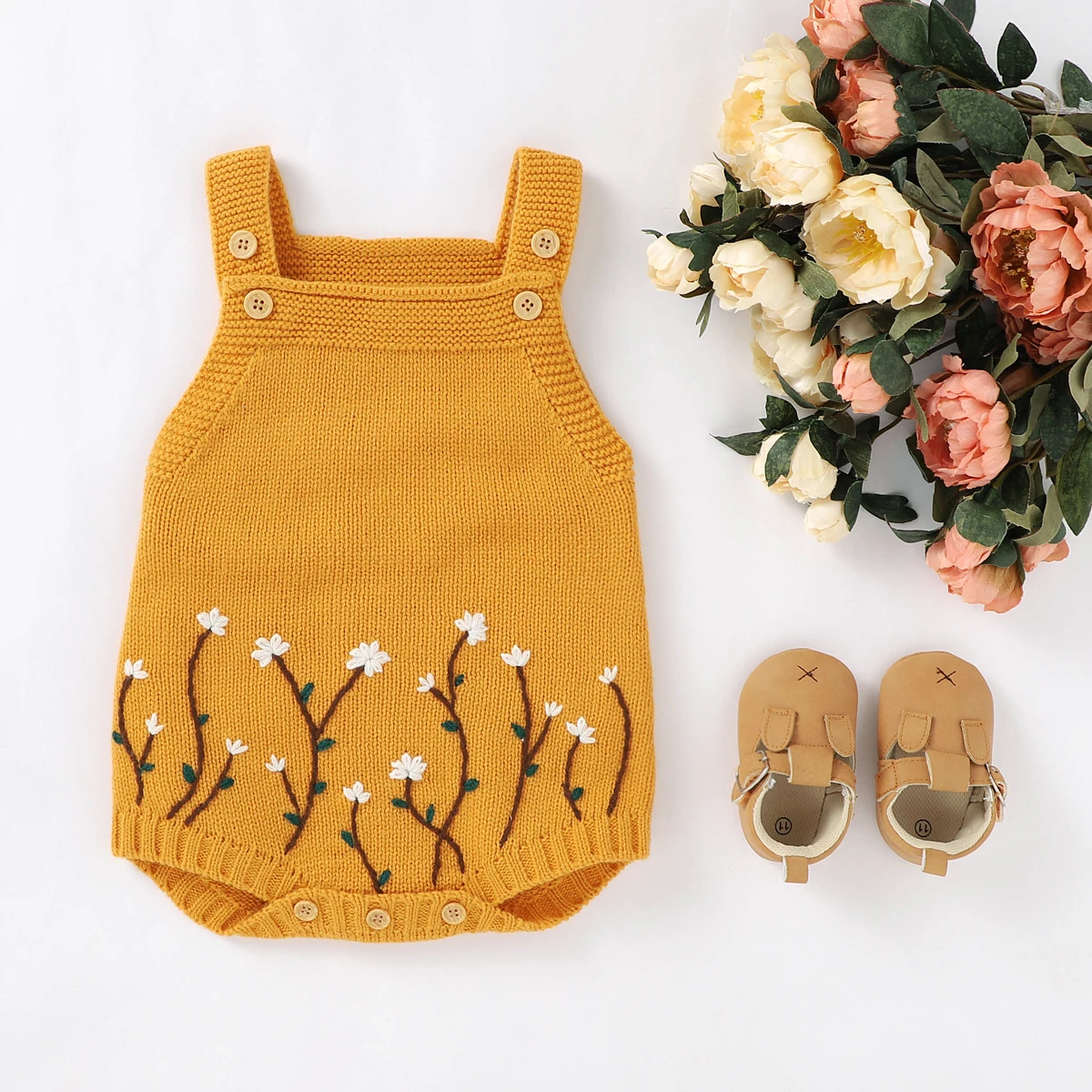 

Infant Baby Girls Flower Knitted Embroidered Bodysuits Suspender Newborn Clothes