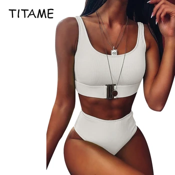 

TITAME Women 2020 Sexy Bikini Set High Waist Swimsuit Women Swimwear Bandeau Push Up Bikini Set Buckle Bathing Suit Beach Wear