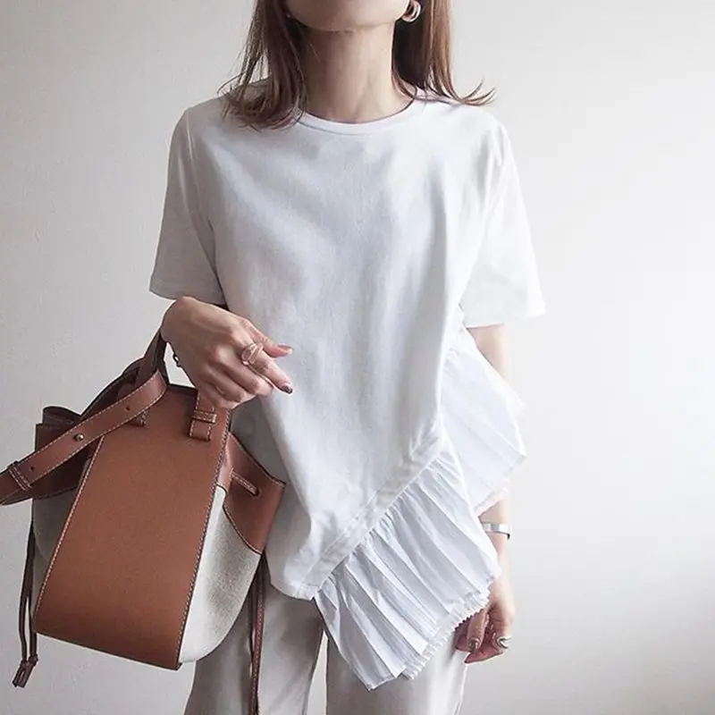 Causal Patchwork Asymmetric Women's T-shirts Tops Female Slim Short Sleeve Fashion White Tshirt Autumn 2019 Fall Korean Tees | Женская