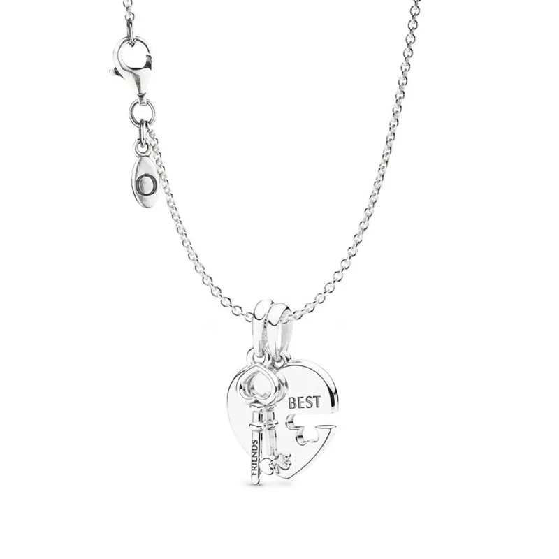 

2019 Summer Pans Best Friends Heart and Key Necklace 925 Sterling Silver Original for Women Charm Chain Jewelry Birthday Gift